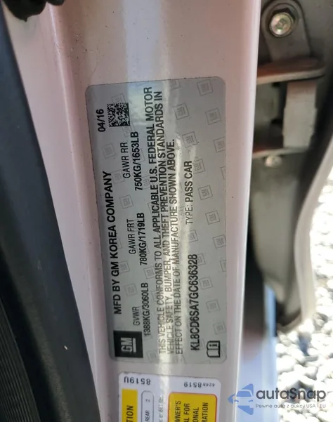 2016 Chevrolet Spark 1Lt z USA, uszkodzony, nr VIN KL8CD6SA7GC636328